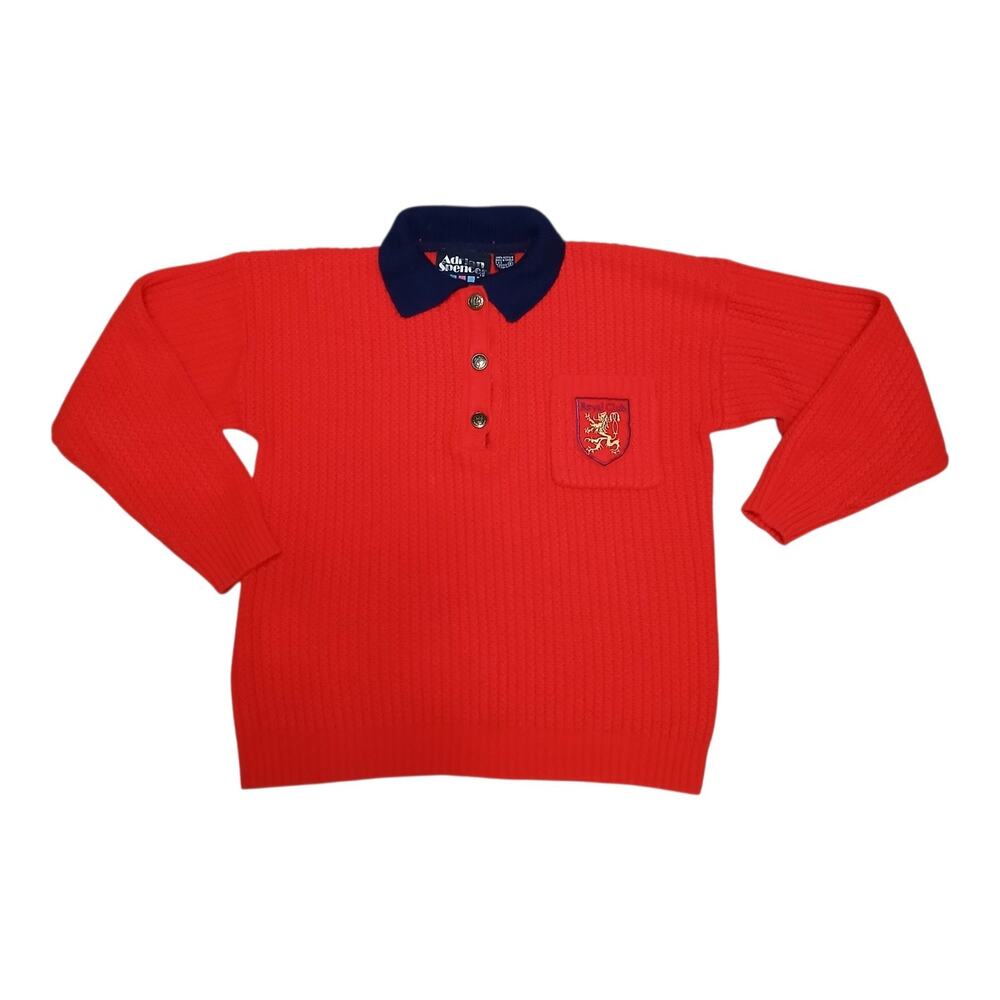 Adrian Spencer Vintage Red Knit Polo Sweater Crest‎ Patch 80s Prep Rugby Style